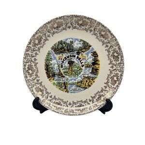 Vintage Wisconsin Dells Souvenir Plate 9.25" Stand Rock Gold Rim Scroll Design